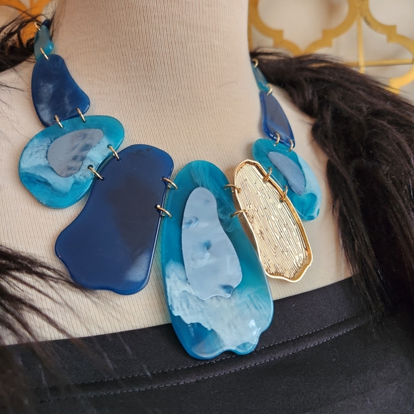 Black, Blue and Goldtone Statement Necklace with Earrings Set - Picture 9 of 15